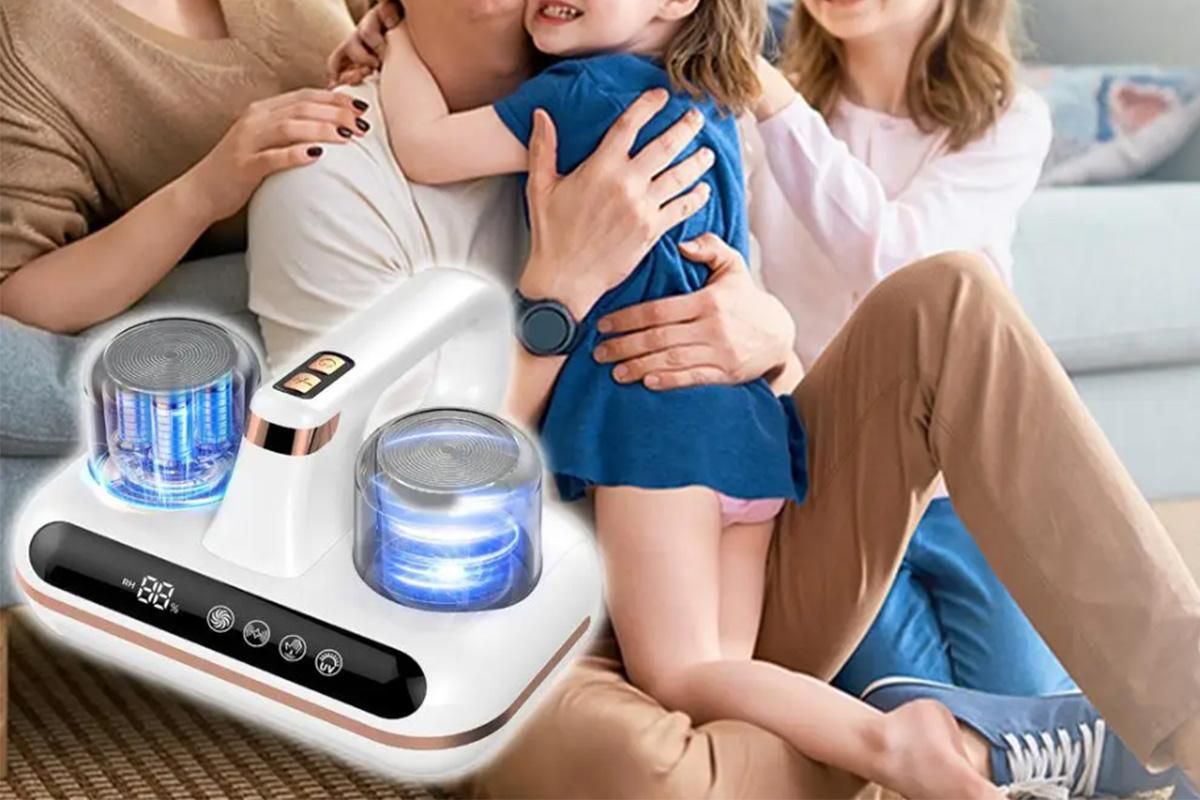 White cordless mattress vacuum cleaner with LED display and transparent dust cups