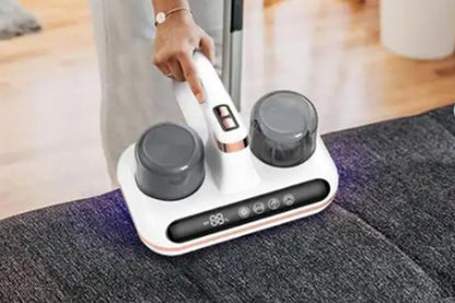 White cordless mattress vacuum cleaner with LED display and transparent dust cups
