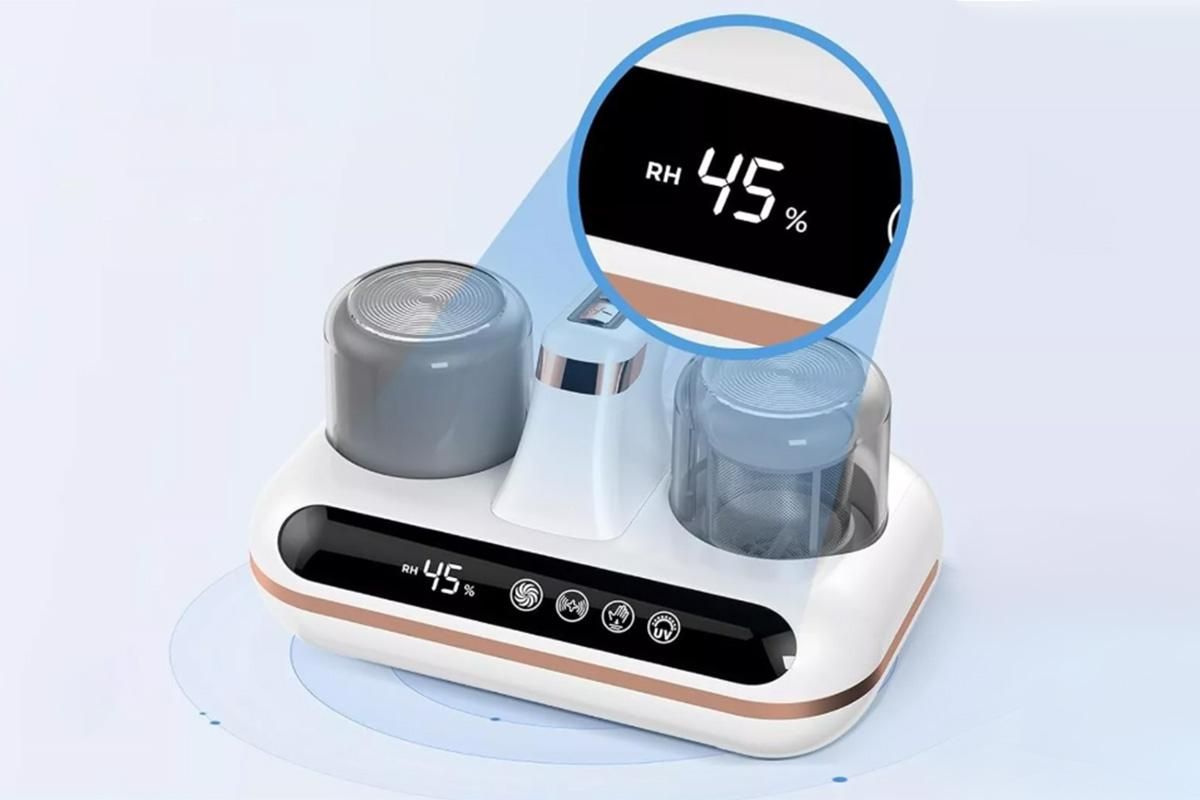 White cordless mattress vacuum cleaner with LED display and transparent dust cups