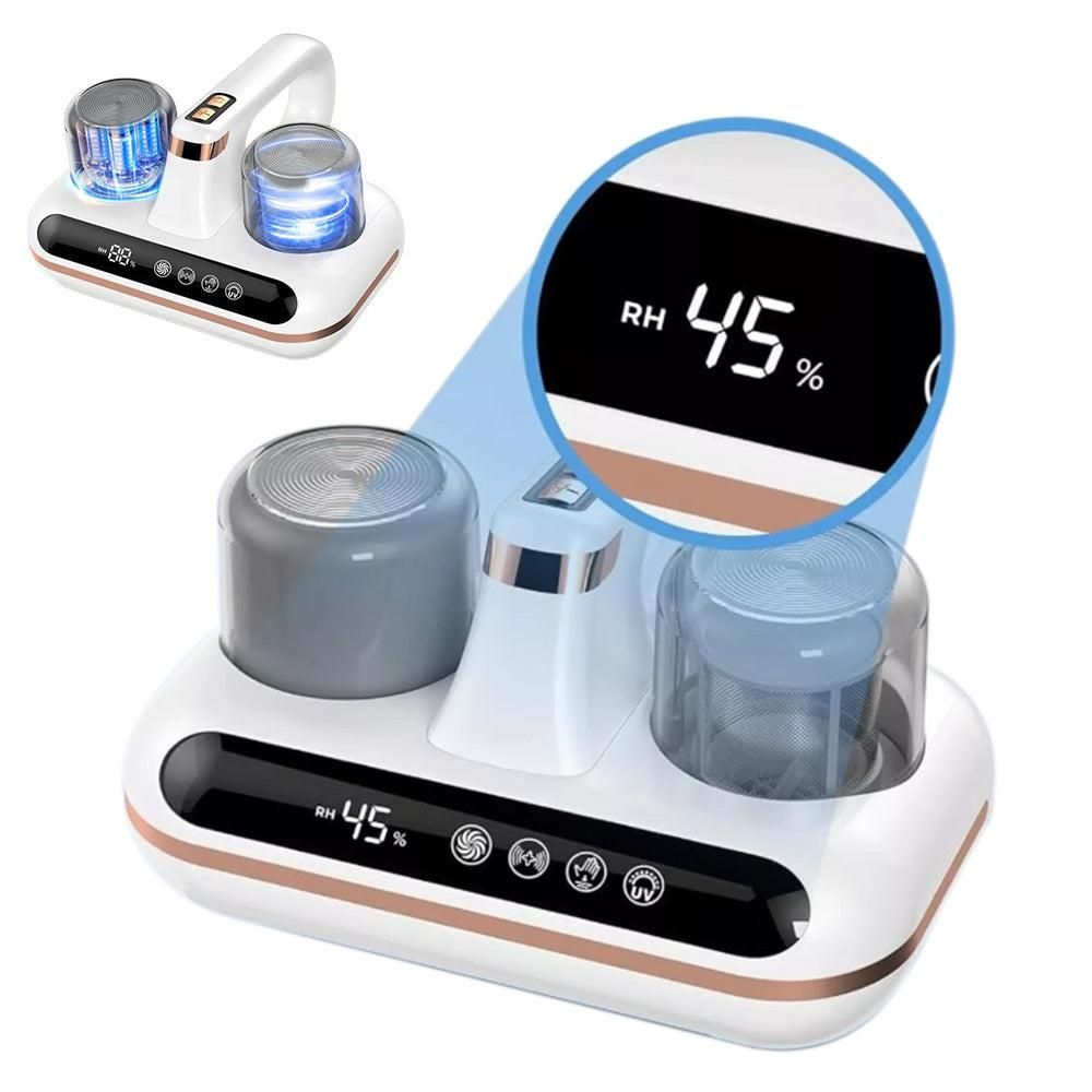 White cordless mattress vacuum cleaner with LED display and transparent dust cups