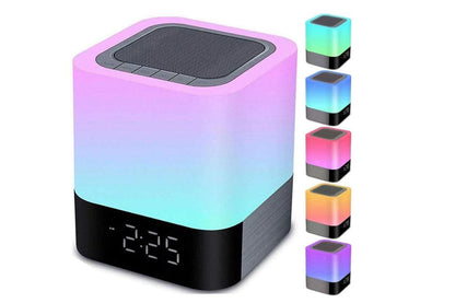 Compact LED bedside lamp with speaker, clock display and touch sensor top