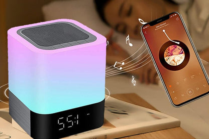 Compact LED bedside lamp with speaker, clock display and touch sensor top