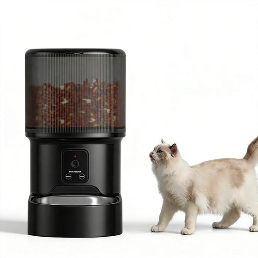 Black automatic pet feeder with camera and display panel