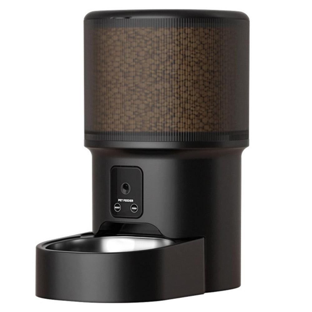 Black automatic pet feeder with camera and display panel