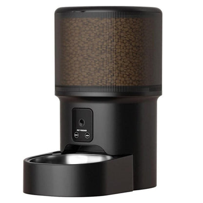 Black automatic pet feeder with camera and display panel