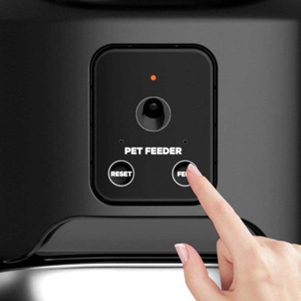 Black automatic pet feeder with camera and display panel
