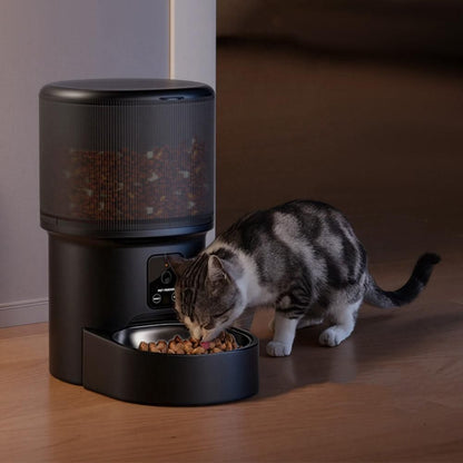 Black automatic pet feeder with camera and display panel