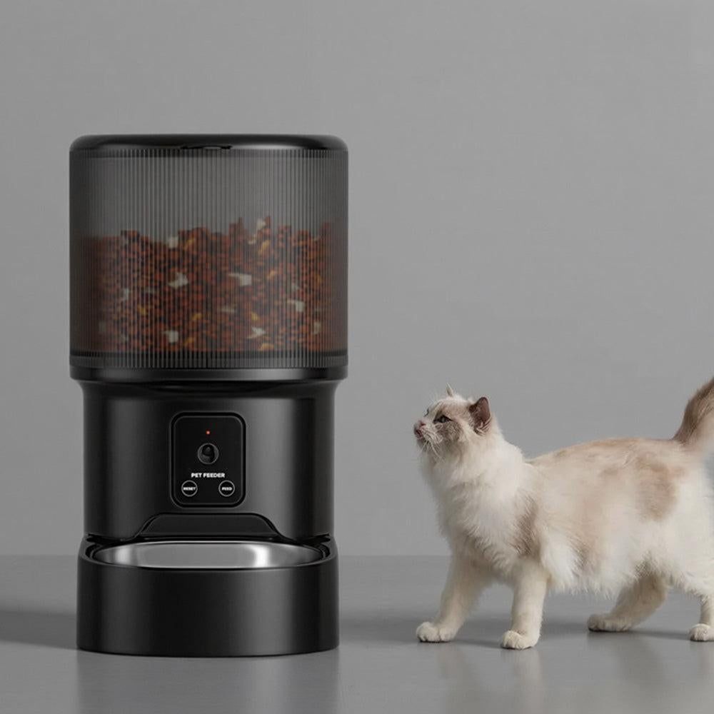 Black automatic pet feeder with camera and display panel
