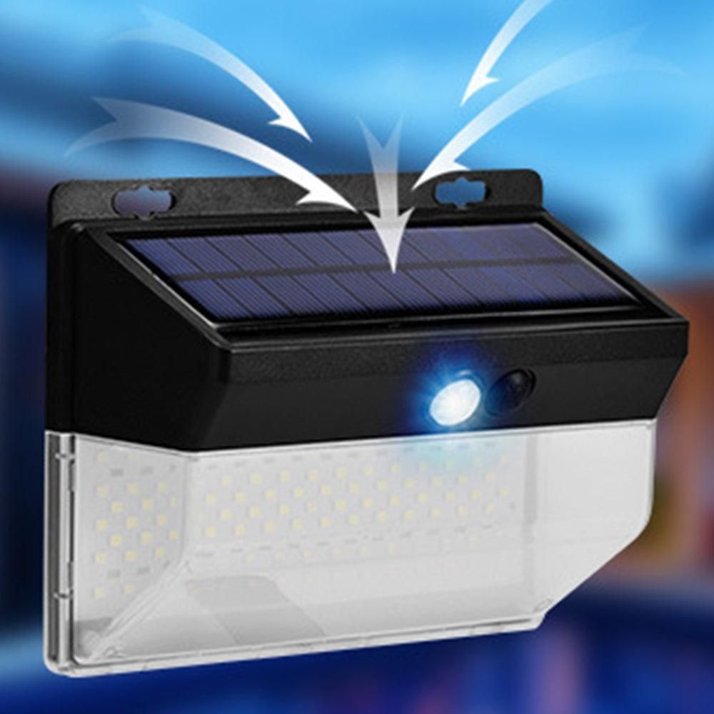 Black solar wall light with motion sensor and LED panel for outdoor use
