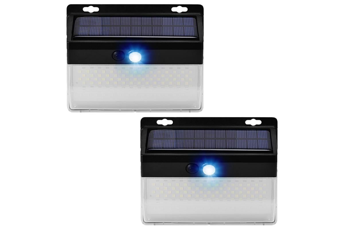 Black solar wall light with motion sensor and LED panel for outdoor use