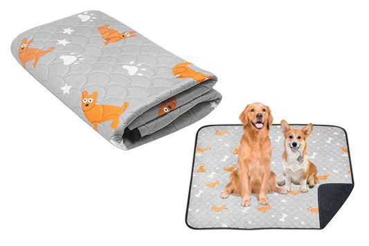 Two light grey washable dog training pee pads with dog pattern