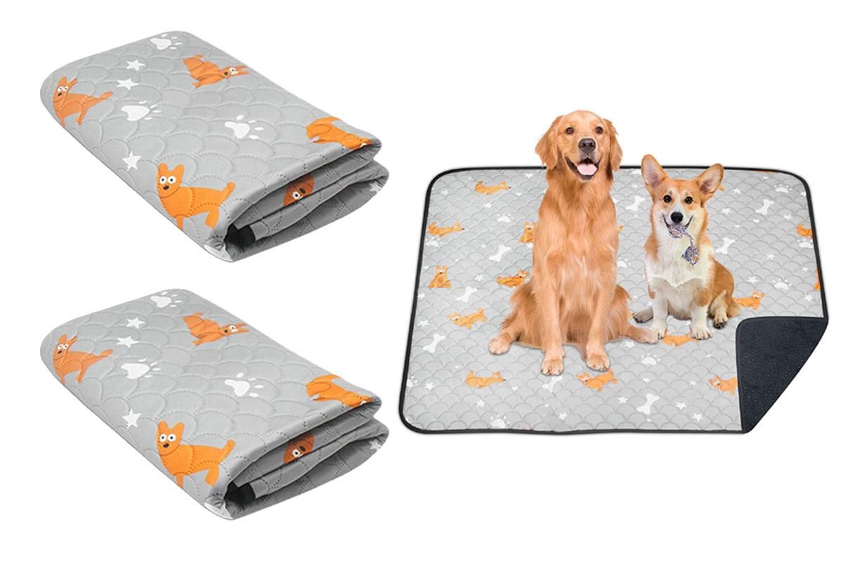 Two light grey washable dog training pee pads with dog pattern