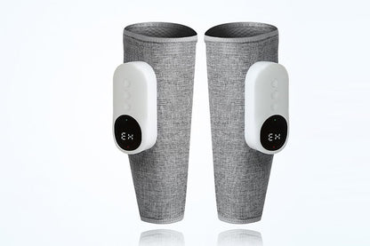 Grey heated leg massager with wraparound design and hook and loop closure