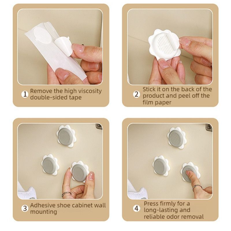 Grey sunflower-shaped deodoriser discs with adhesive backing
