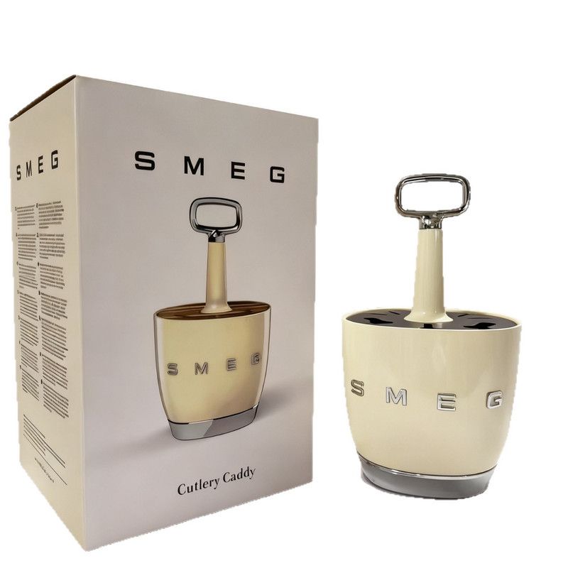 Beige cutlery caddy with compartments, pull-up handle and non-slip base on a kitchen counter
