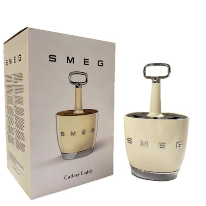 Beige cutlery caddy with compartments, pull-up handle and non-slip base on a kitchen counter