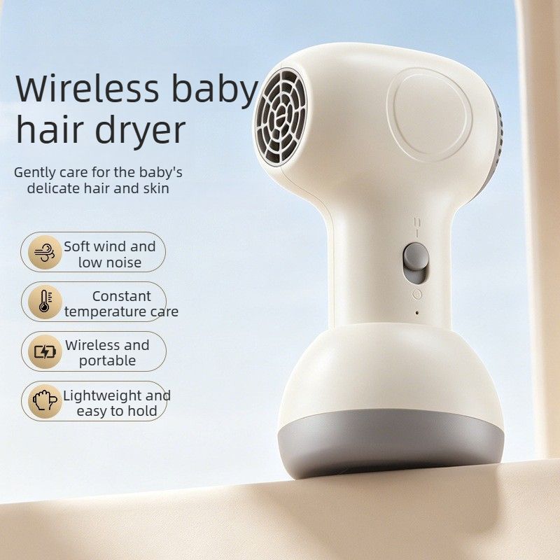 Beige cordless baby hair dryer with ergonomic handle and compact body
