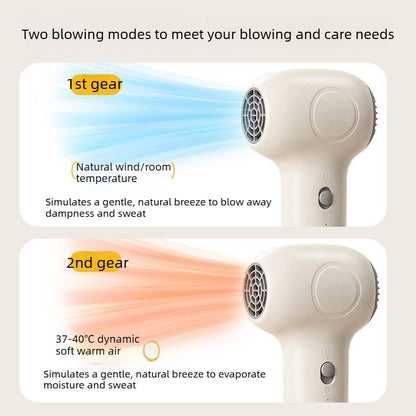 Beige cordless baby hair dryer with ergonomic handle and compact body