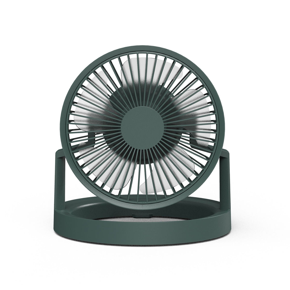 Green portable camping fan with LED light, hook and power bank function