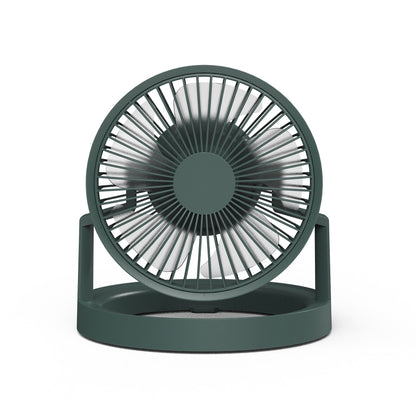 Green portable camping fan with LED light, hook and power bank function
