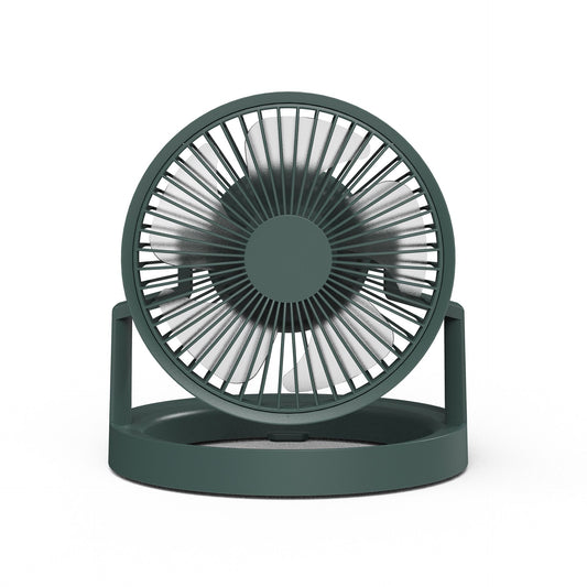 Green portable camping fan with LED light, hook and power bank function