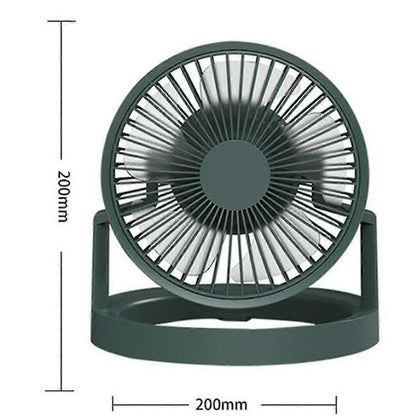 Green portable camping fan with LED light, hook and power bank function