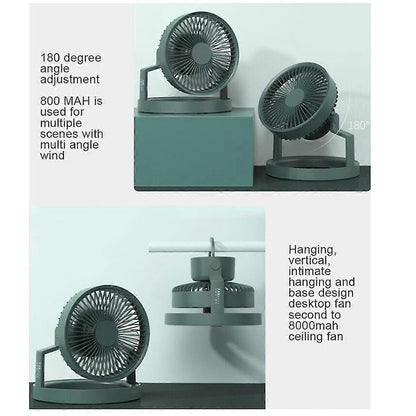 Green portable camping fan with LED light, hook and power bank function