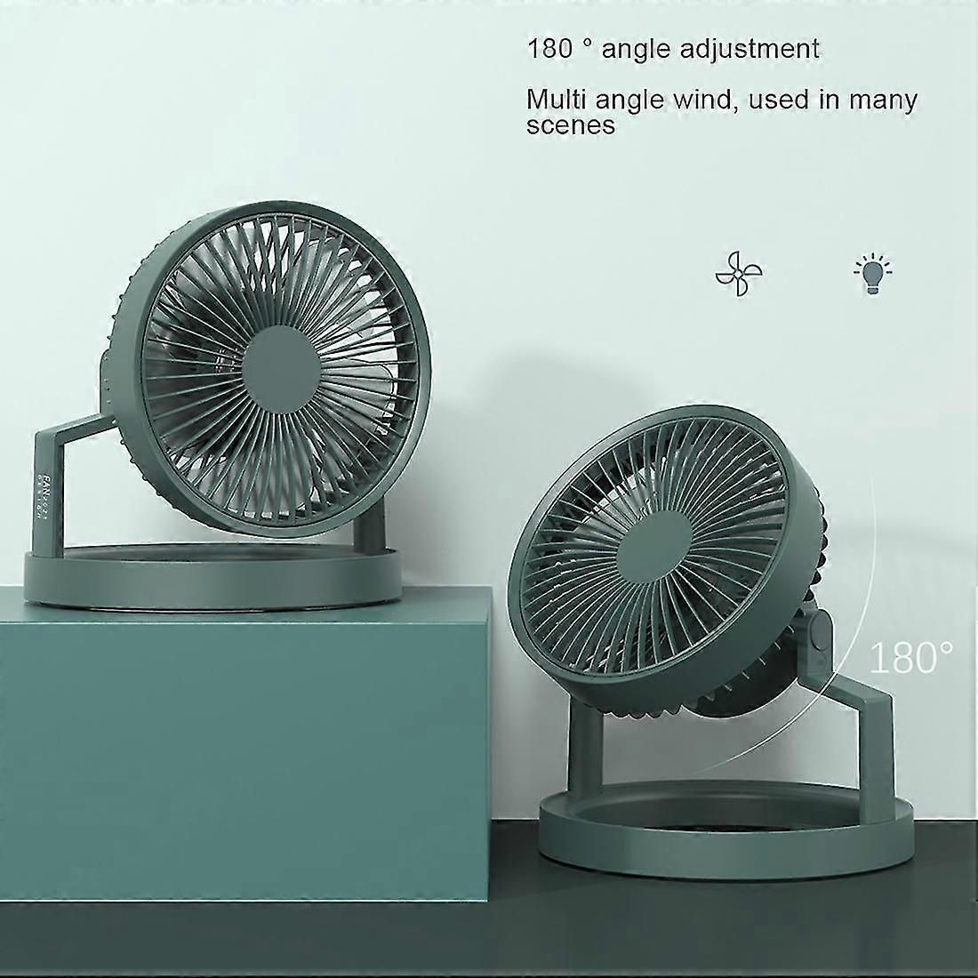 Green portable camping fan with LED light, hook and power bank function