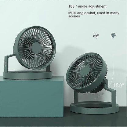Green portable camping fan with LED light, hook and power bank function