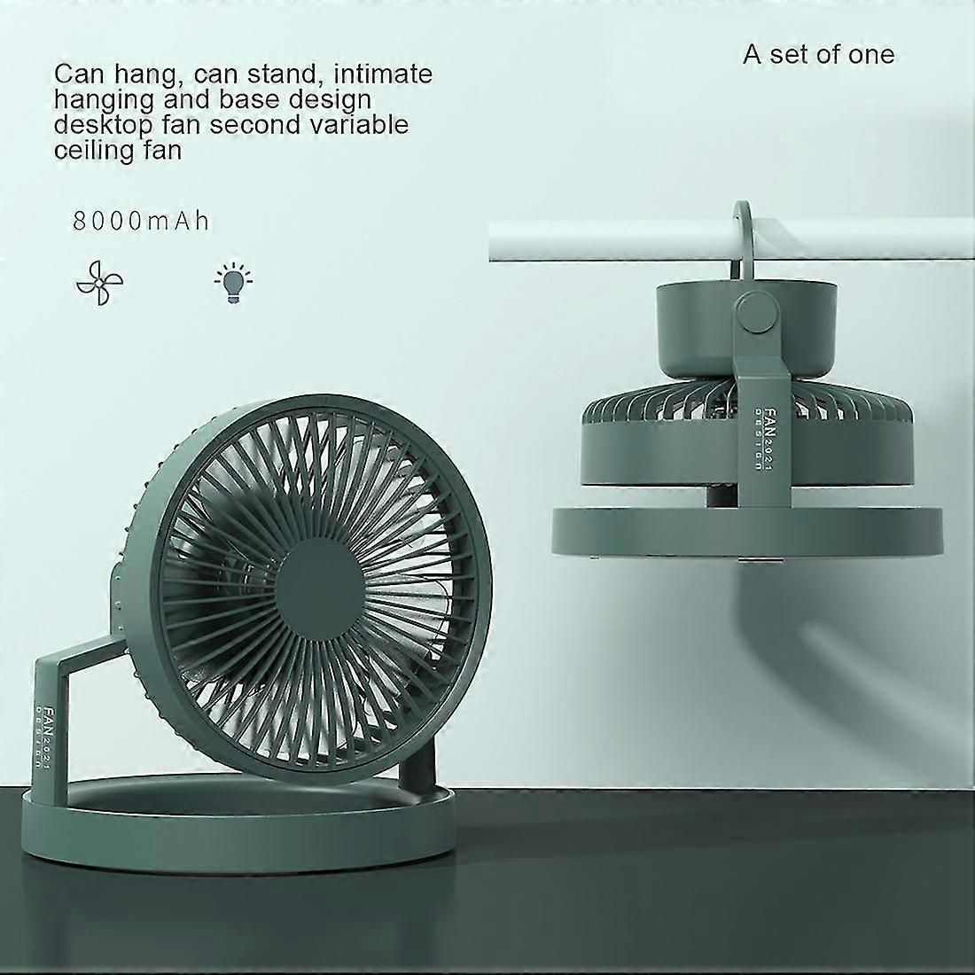 Green portable camping fan with LED light, hook and power bank function