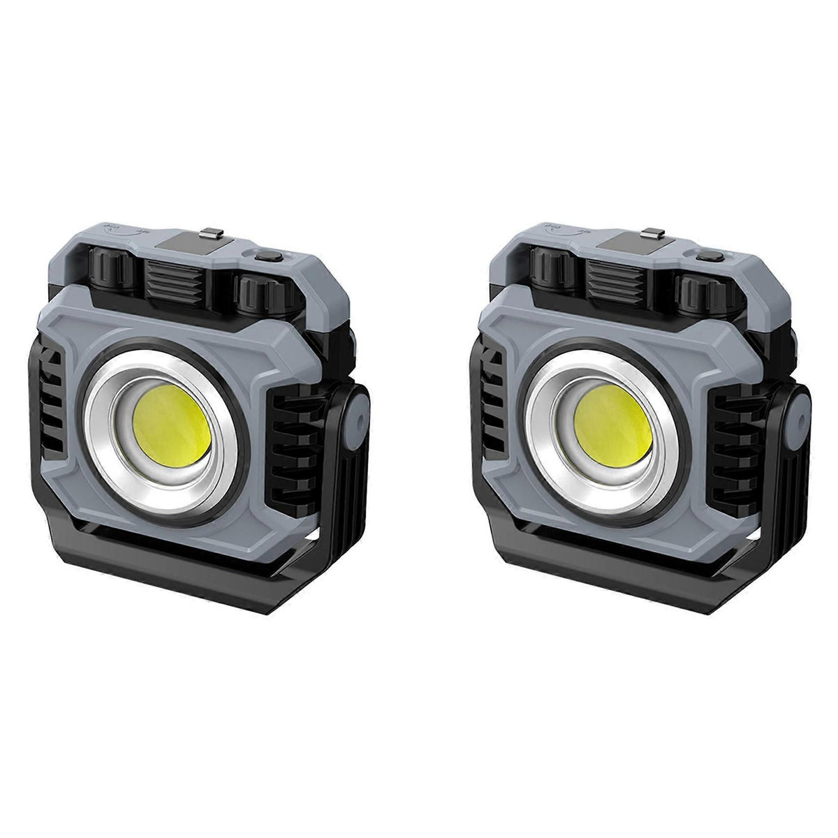 Two grey and black rechargeable camping lights with USB cables and hanging options