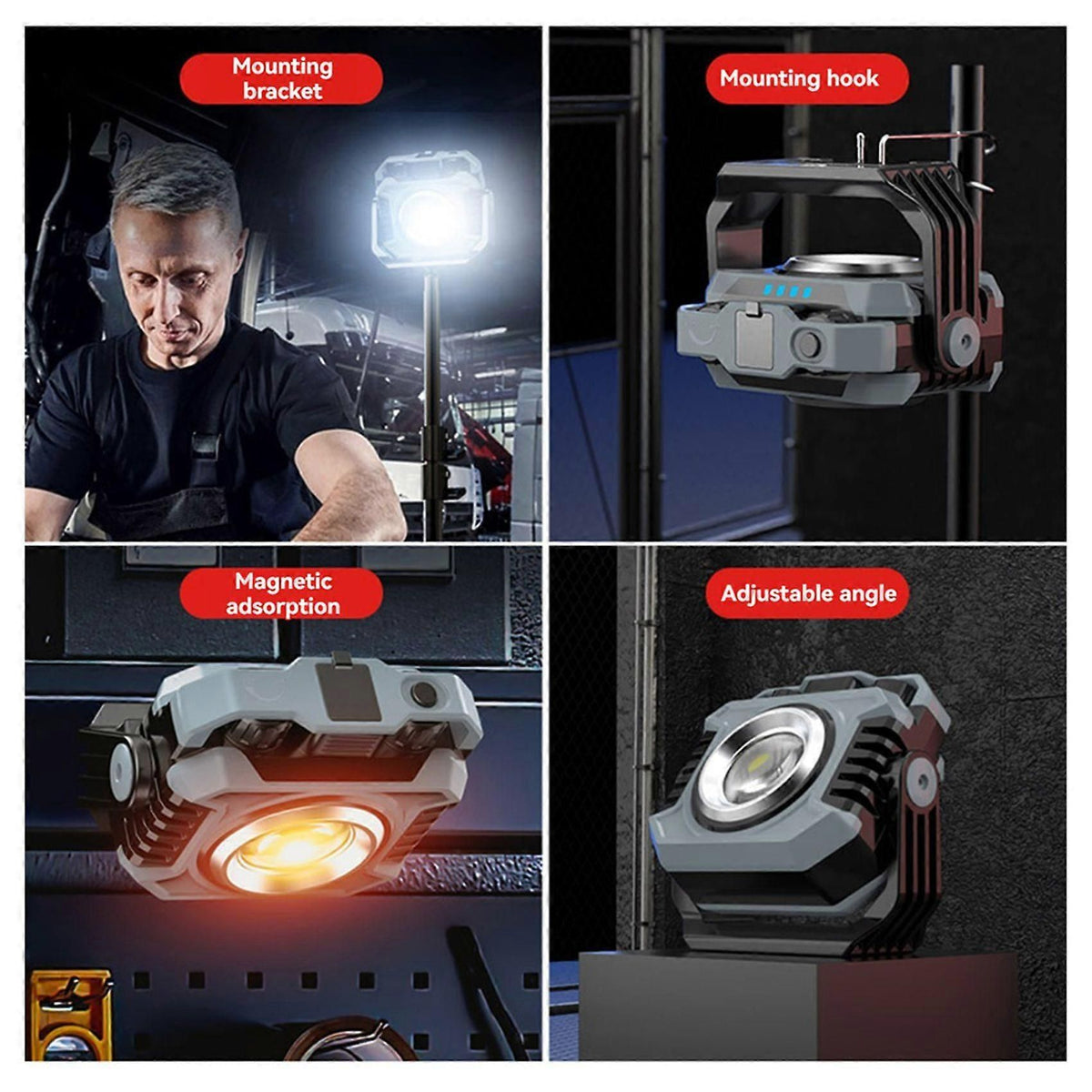 Two grey and black rechargeable camping lights with USB cables and hanging options