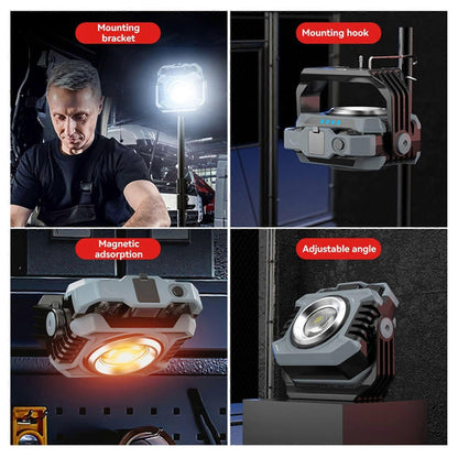 Two grey and black rechargeable camping lights with USB cables and hanging options