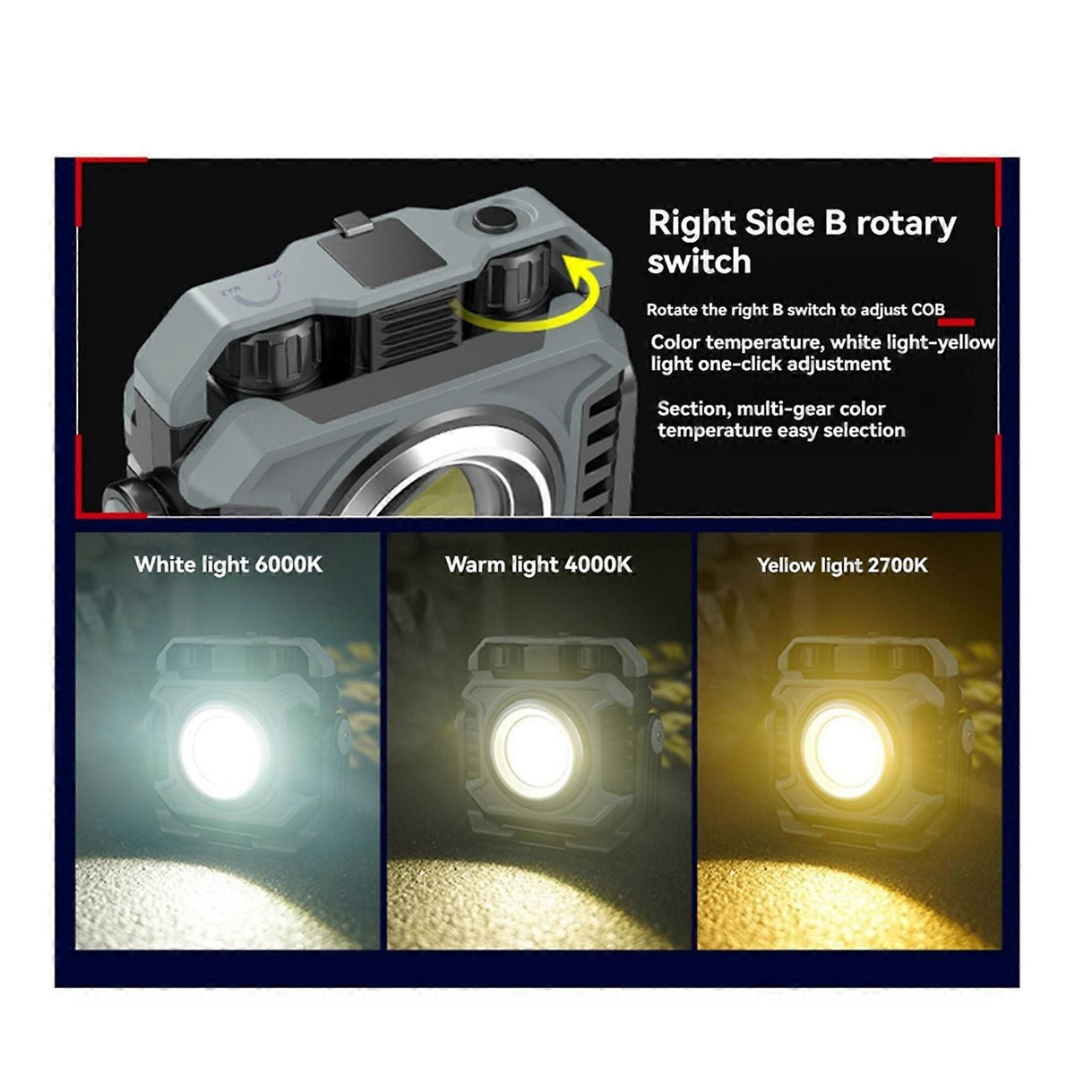 Two grey and black rechargeable camping lights with USB cables and hanging options