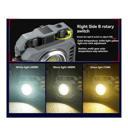 Two grey and black rechargeable camping lights with USB cables and hanging options