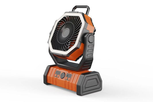 Orange rechargeable camping fan with built-in LED light and hanging hook