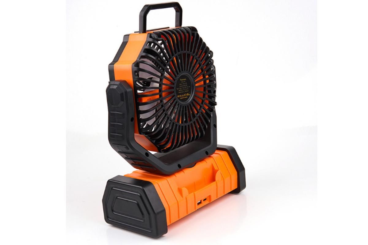Orange rechargeable camping fan with built-in LED light and hanging hook