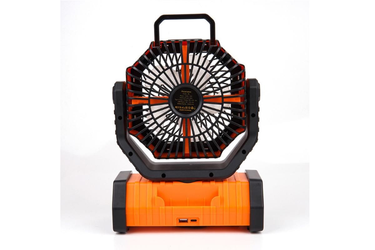 Orange rechargeable camping fan with built-in LED light and hanging hook