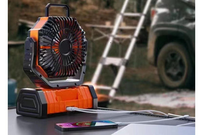 Orange rechargeable camping fan with built-in LED light and hanging hook