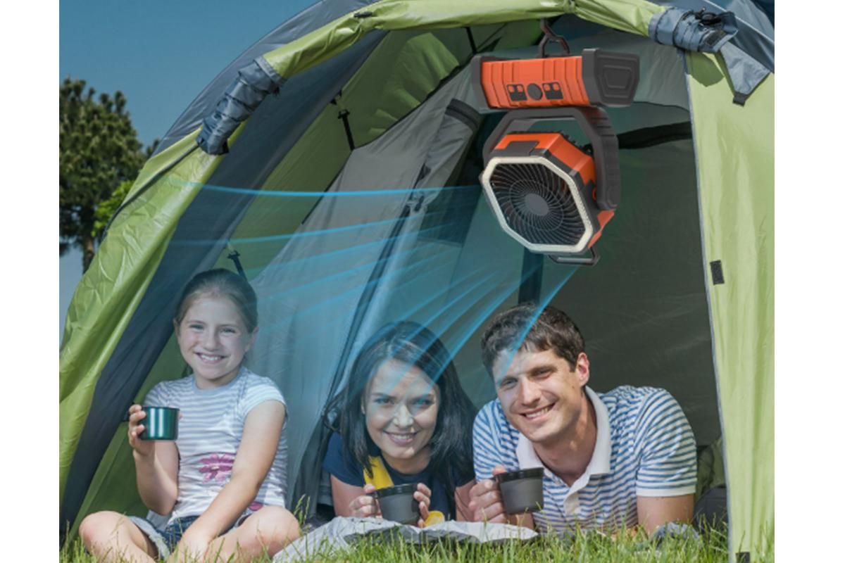 Orange rechargeable camping fan with built-in LED light and hanging hook