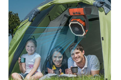 Orange rechargeable camping fan with built-in LED light and hanging hook