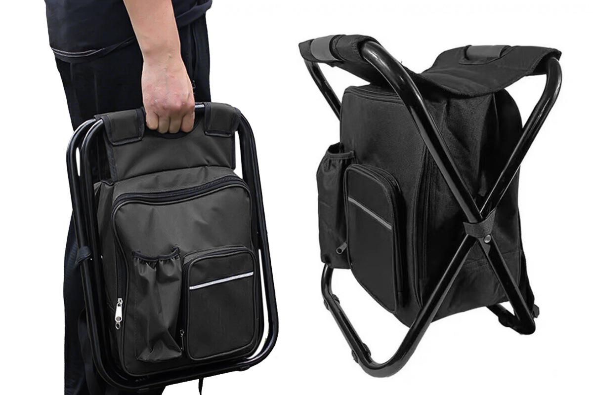 Black folding backpack cooler stool with seat, carry straps and storage compartment