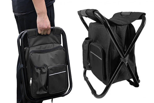 Black folding backpack cooler stool with seat, carry straps and storage compartment