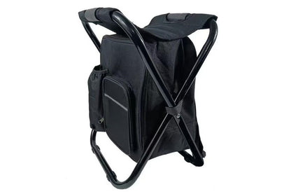 Black folding backpack cooler stool with seat, carry straps and storage compartment