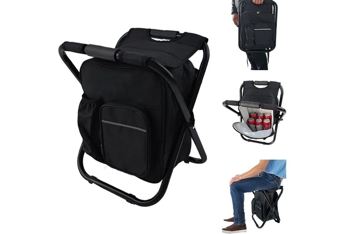 Black folding backpack cooler stool with seat, carry straps and storage compartment