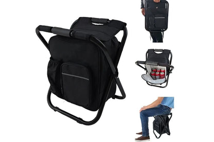 Black folding backpack cooler stool with seat, carry straps and storage compartment
