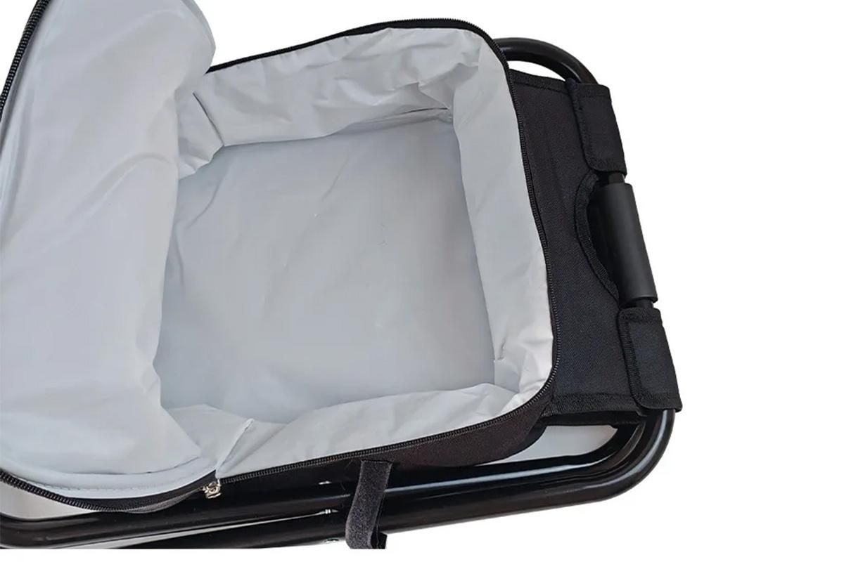 Black folding backpack cooler stool with seat, carry straps and storage compartment
