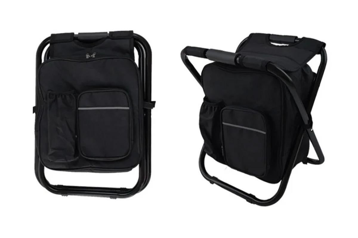 Black folding backpack cooler stool with seat, carry straps and storage compartment