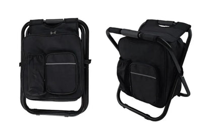 Black folding backpack cooler stool with seat, carry straps and storage compartment
