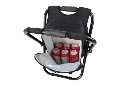 Black folding backpack cooler stool with seat, carry straps and storage compartment